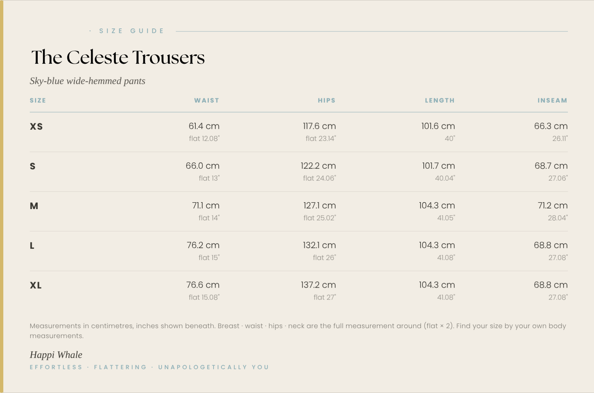 The Celeste Trousers size guide showing measurements for sizes XS to XL