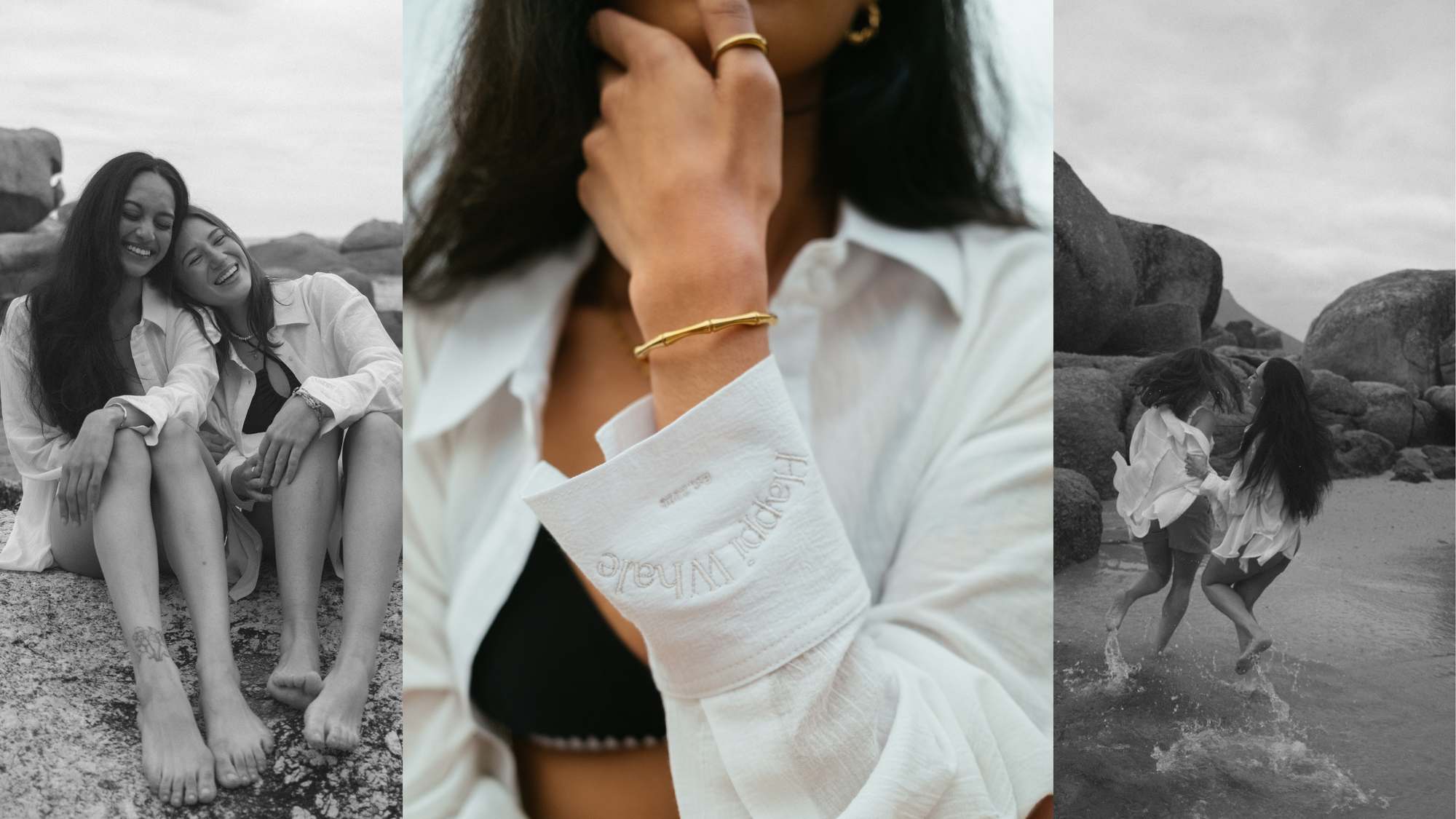 Collage of three photos: two women sitting on a beach, a close-up of a hand wearing a gold bracelet, and a dog running on a beach.