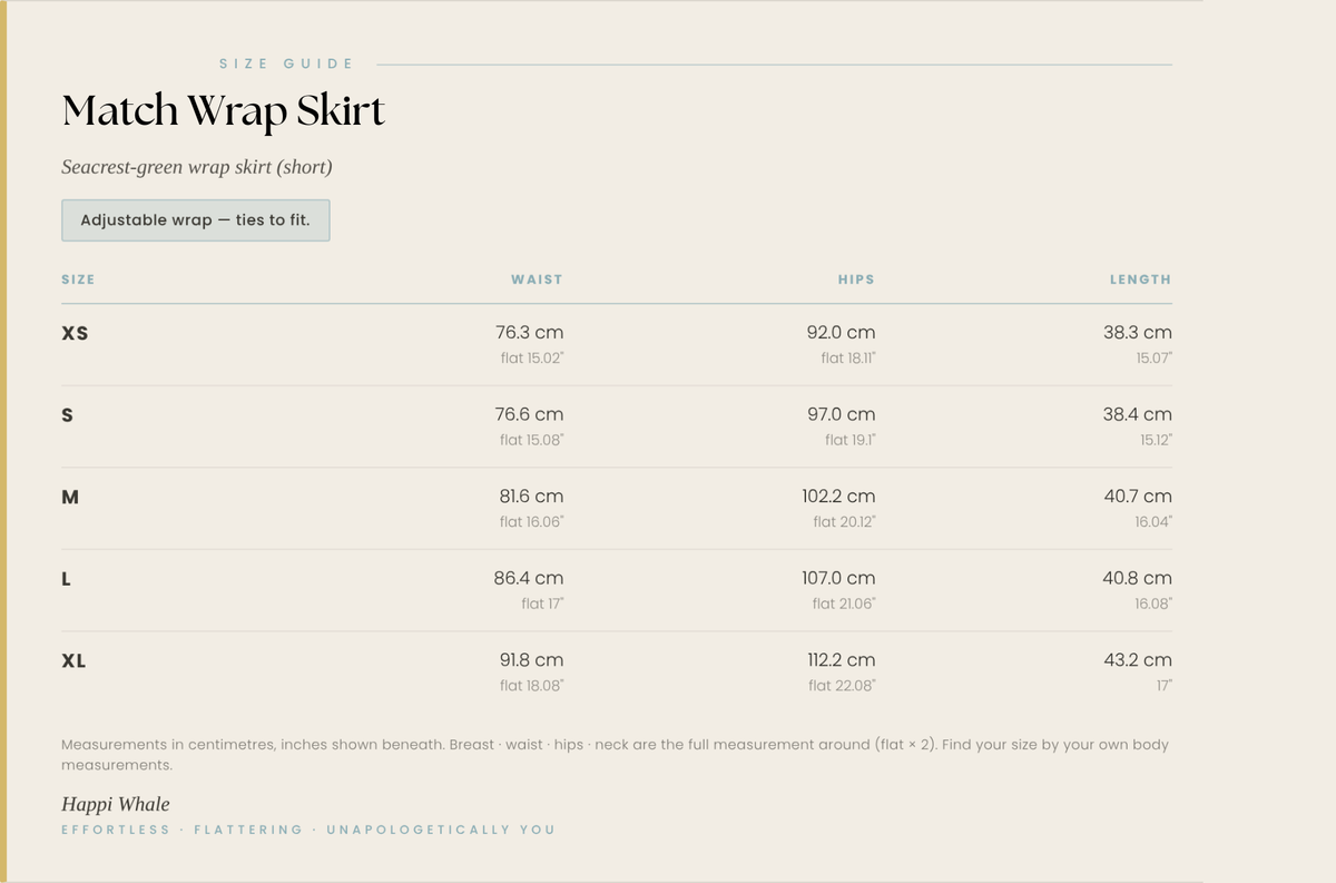 Matcha Wrap Skirt size guide showing measurements for sizes XS to XL