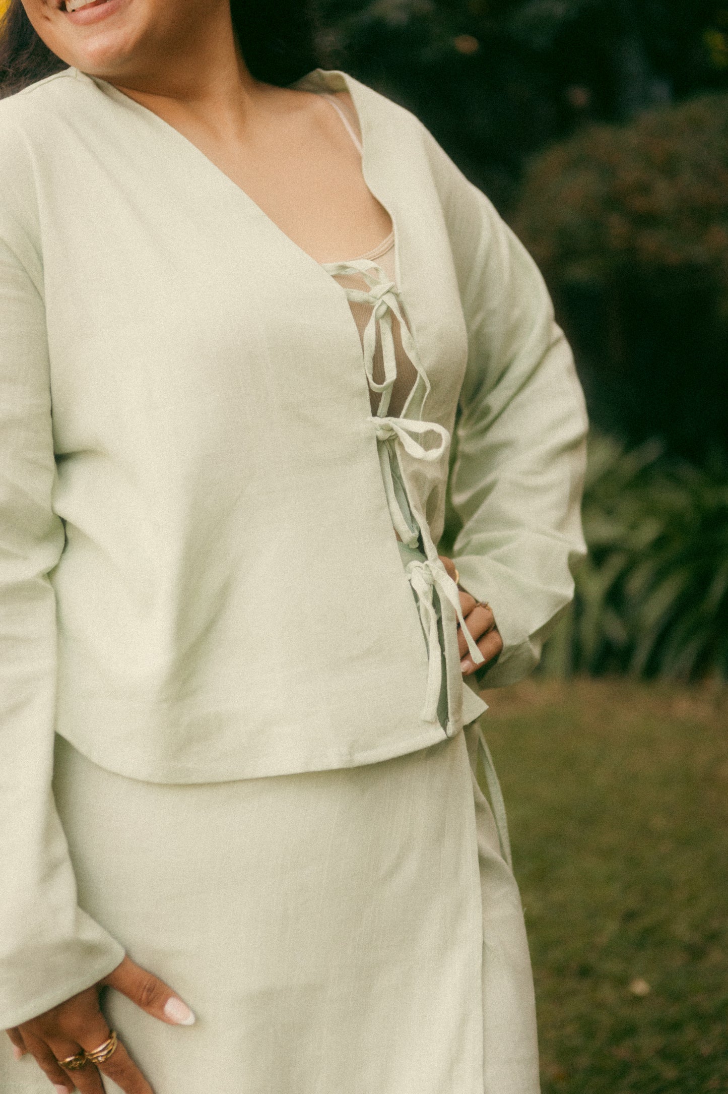 The Matcha Linen Wrap Skirt in Sage Green