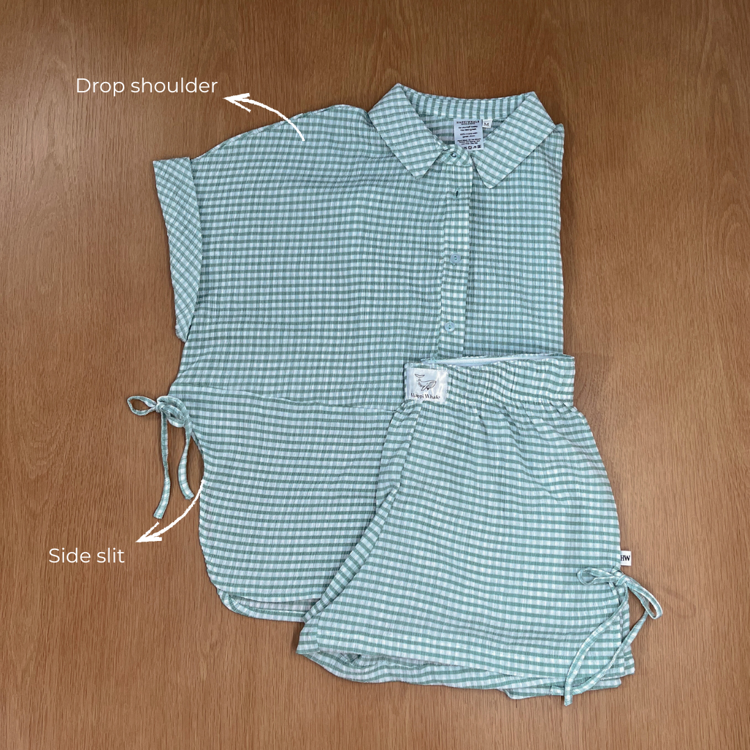 Cloud PJ Set laid flat, labelled to show the drop shoulder and side slit